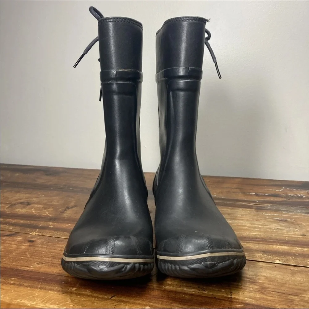Sorel Conquest Carly rain boots womens 7 38 Waterproof Rubber Black leather edge